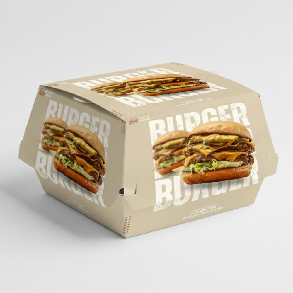 Kraft custom burger boxes with secure clamshell design for fresh and warm burgers