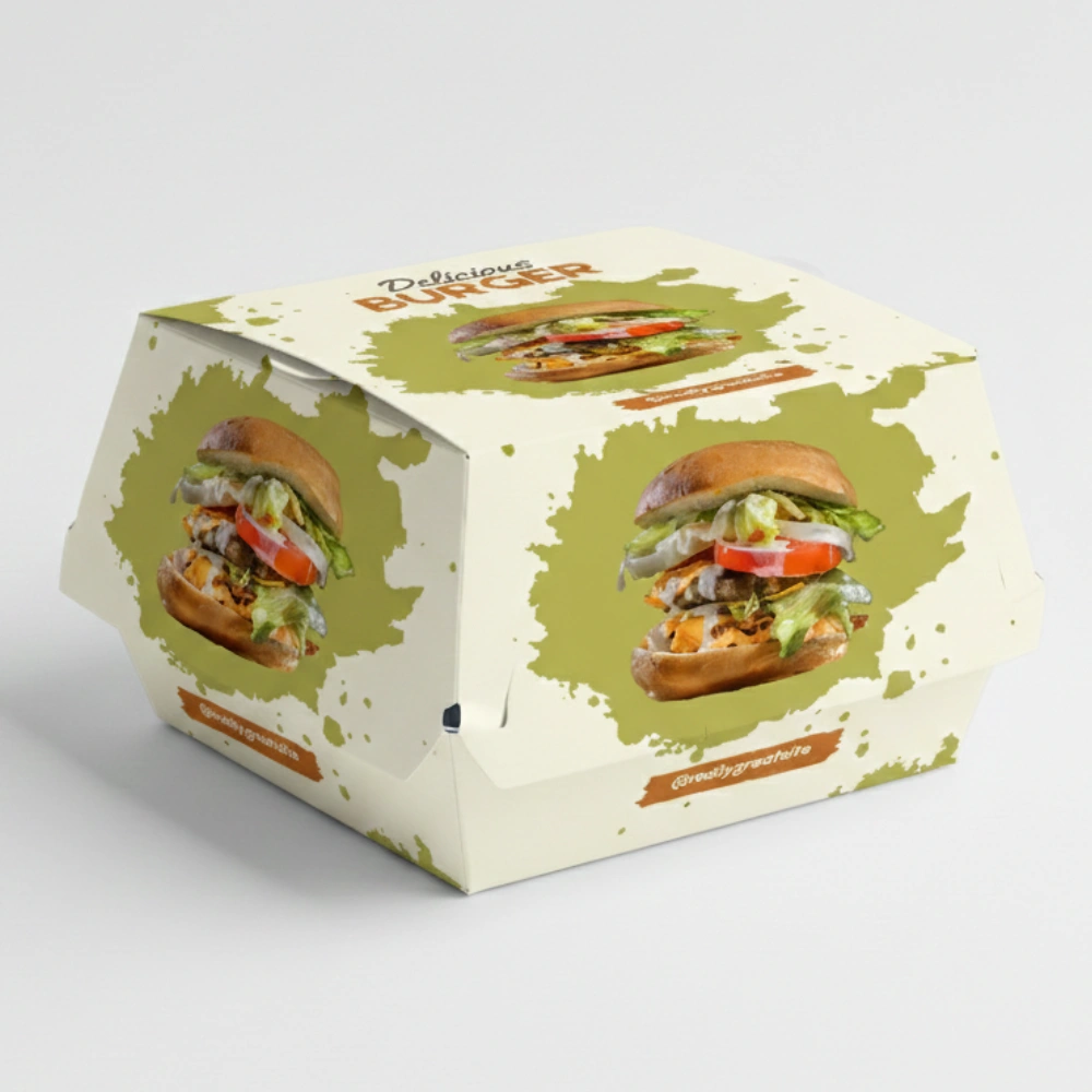 Custom burger boxes with food-grade material, grease resistance, and secure packaging for takeaway burgers